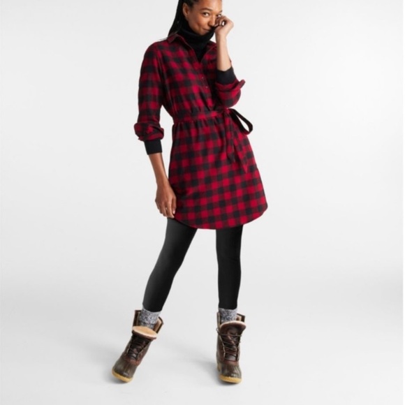 LL Bean flannel dress cotton dress Scotch flannel Tunic Black Plaid Shirt Dress - Picture 3 of 4